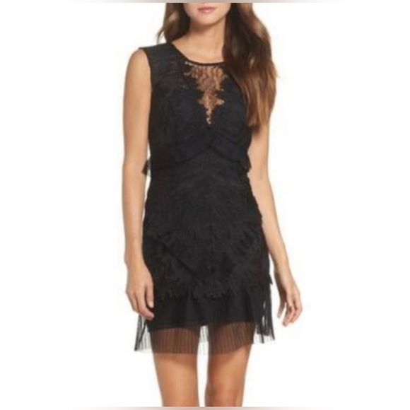 Bardot Dresses & Skirts - Bardot Ruffle Trim Black Lace Sheath Dress Size 6